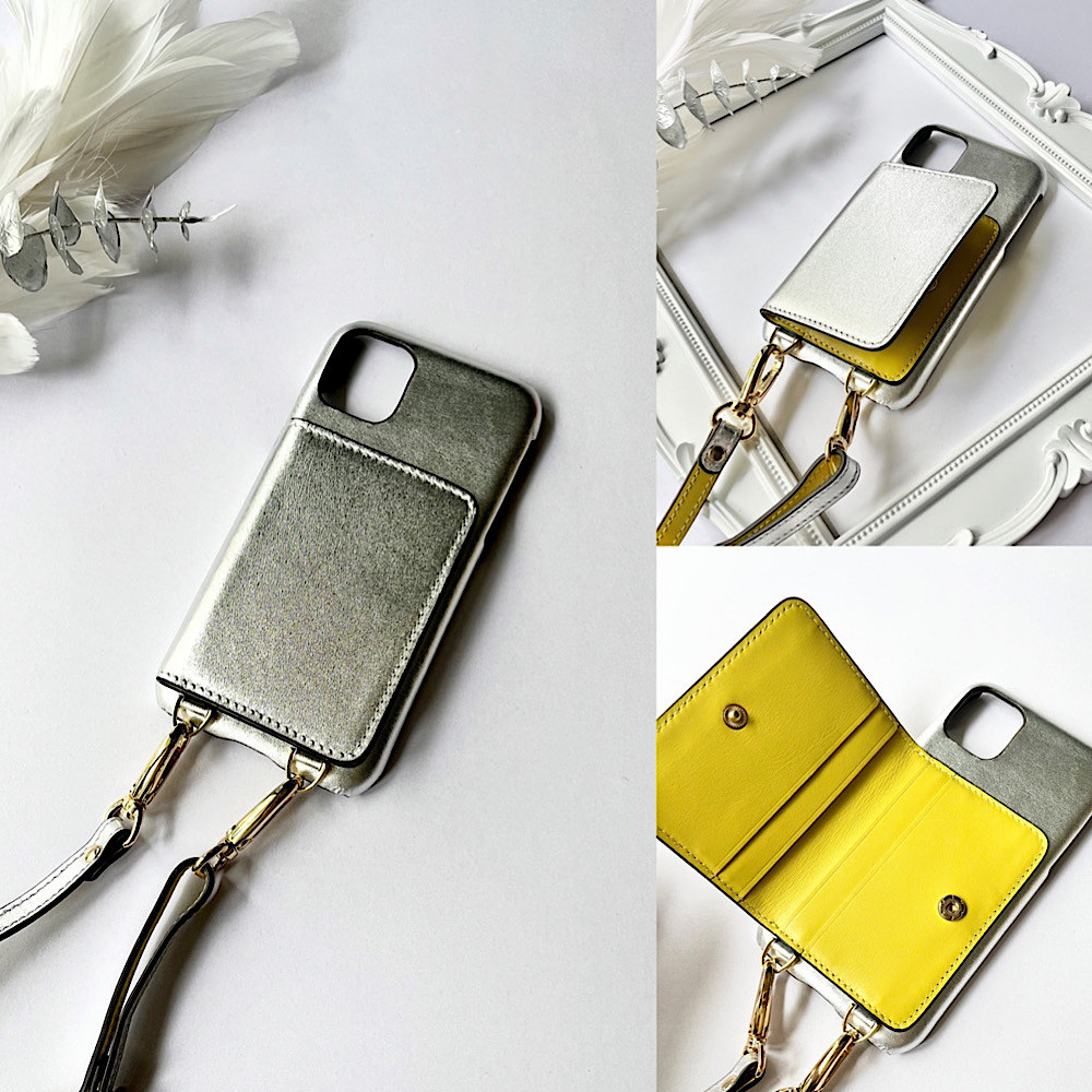 スマホショルダー　レザー　名入れ可　バイカラー　本革 　スマホケース  名入れ レザーsilver+yellow