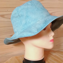 淡い水色    本藍染　リバーシブルの日よけ帽子　オーガニックコットンヘンプ 3枚目の画像