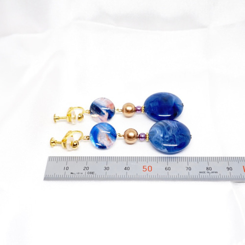 青マーブル×ガラスカボションの大ぶりピアス/イヤリング ピアス  