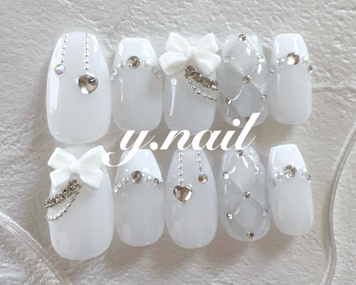 79))リボンネイル フレンチガーリー ミラーネイル ブライダル ネイルチップ 7b959a61d681c308aad37048478eeb
