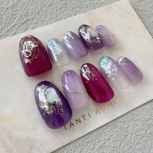 赤紫 パープル ネイルチップ 葡萄色 プラム 結婚式 お呼ばれ 入学式  