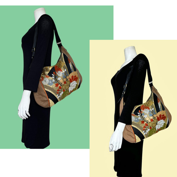 「お取り置き」レトロなアンティーク帯のリメイク、個性的な斜めがけバッグ- 草木花模様 6枚目の画像