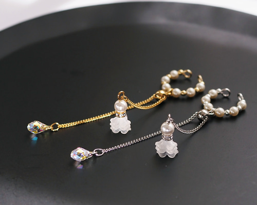 パールとガラス雫のイヤーカフ① ペア ハンドメイド パールとガラス雫