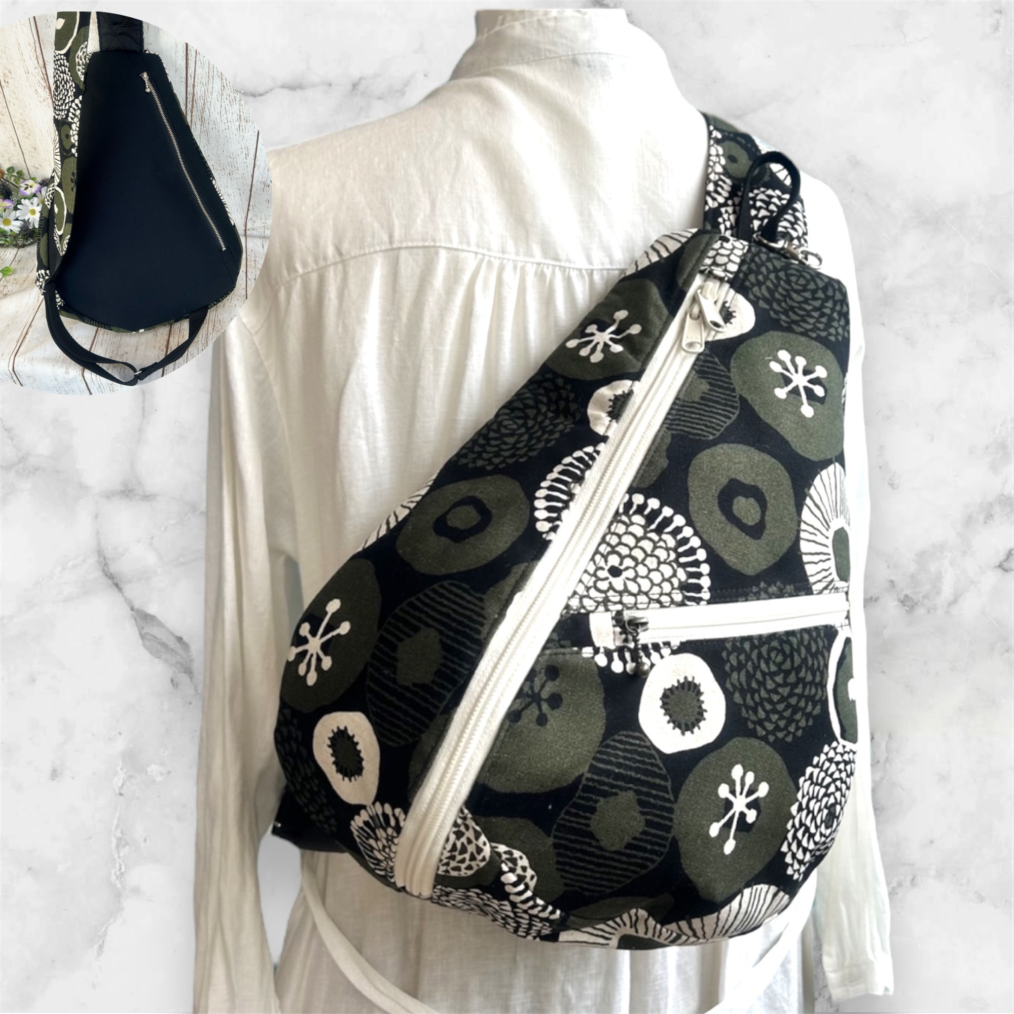 両開きファスナー開閉　背面ファスナーポケット付き　しずく型　ワンショルダーバック　ボディーバック　ポタポタ花カーキ