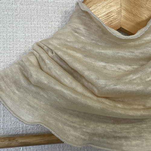ゆったりリネン麻100%ベージュ&スラブ生地シングル手作りネック  