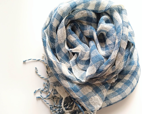 麻100％ リネン ちょっと長め大判ストール インド藍染め 手織り