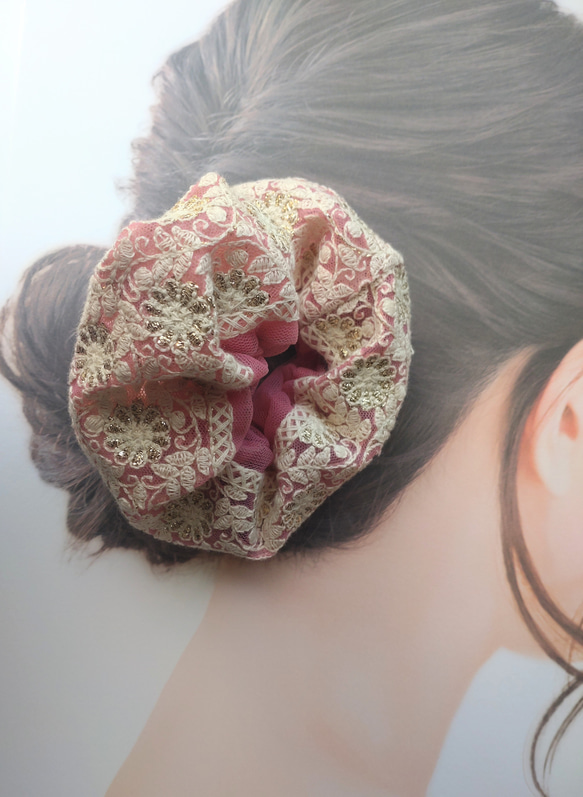 ハンドメイドシュシュM-4038♡渋ピンクジョーゼット♡インド刺繍リボン