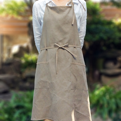 コーヒー染めエプロン/リネン100％/手染め/グレー/焦げ茶/鉄媒染