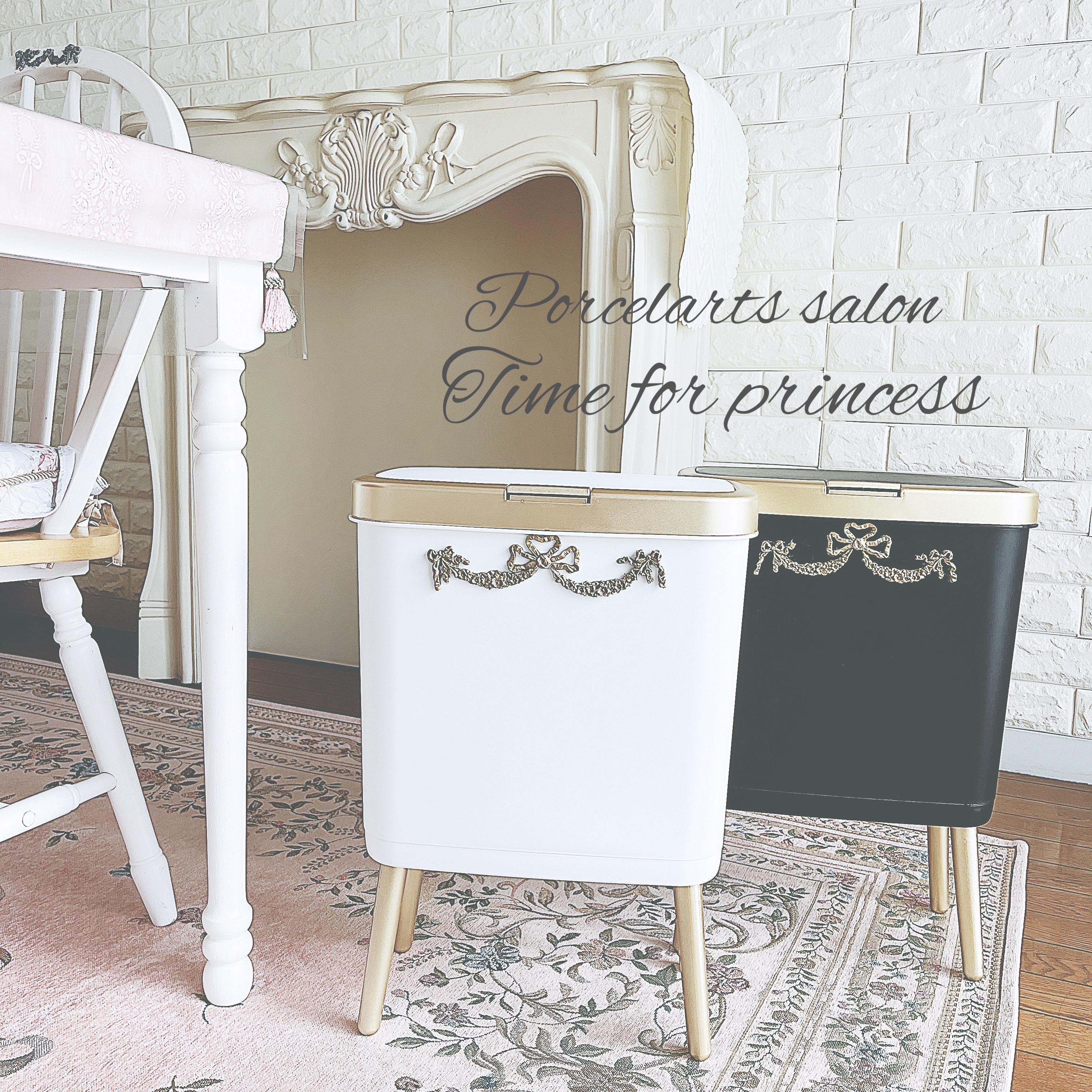 エレガントな脚付き♡リボンガーランド蓋つきゴミ箱 ダストボックス（白）