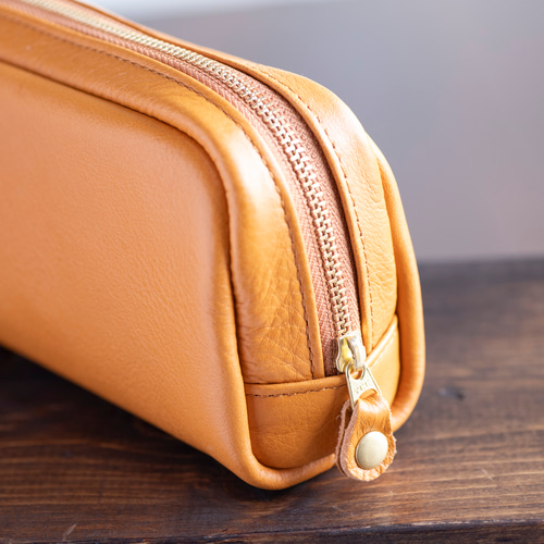 本革 化粧ポーチ 横長 キャメル シュリンクレザー レディース 日本製
