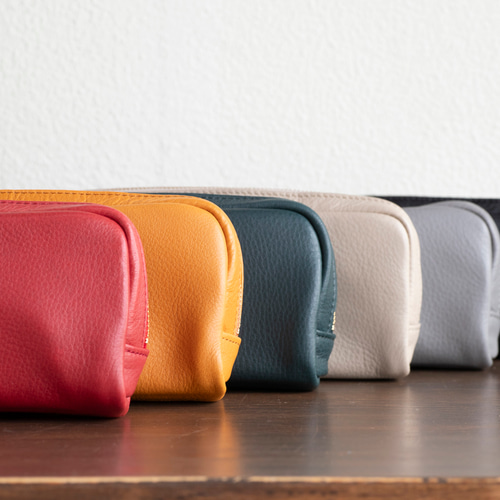 本革 化粧ポーチ 横長 グレー シュリンクレザー レディース 日本