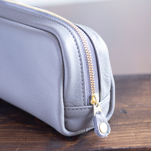 本革 化粧ポーチ 横長 グレー シュリンクレザー レディース 日本