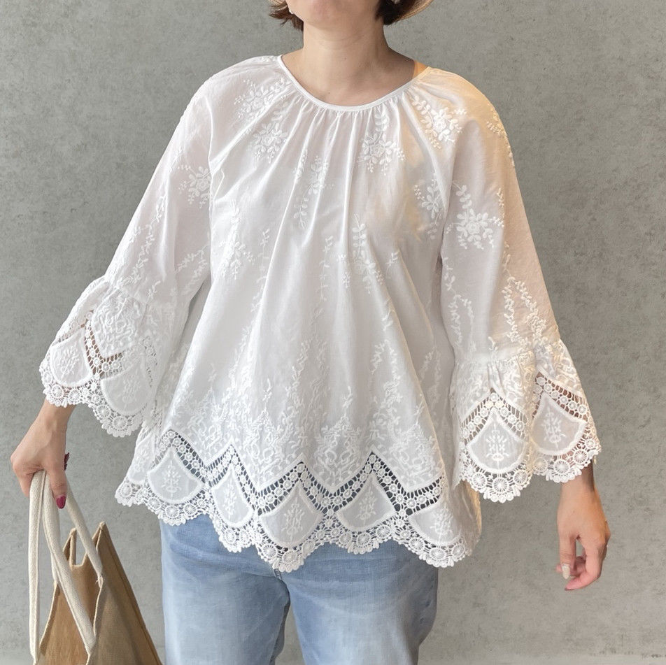 超ゆったり レース刺繍コットン2wayブラウス ホワイト【FREE】KMC-734 933265
