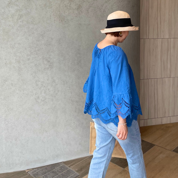 M~XXL【ロイヤルブルー】超ゆったり レース刺繍コットン2wayブラウス【フリー/ワイド】KMC-734 496828 9枚目の画像