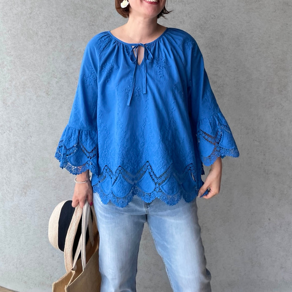 M~XXL【ロイヤルブルー】超ゆったり レース刺繍コットン2wayブラウス【フリー/ワイド】KMC-734 496828 8枚目の画像