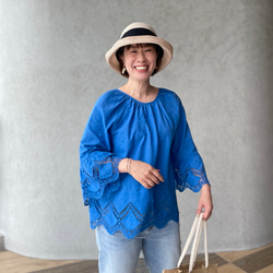 M~XXL【ロイヤルブルー】超ゆったり レース刺繍コットン2wayブラウス【フリー/ワイド】KMC-734 496828 5枚目の画像