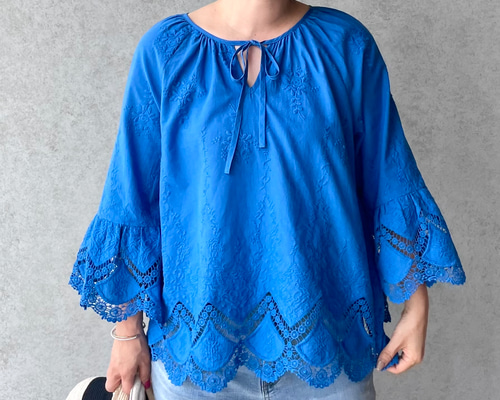 M~XXL【ロイヤルブルー】超ゆったり レース刺繍コットン2wayブラウス