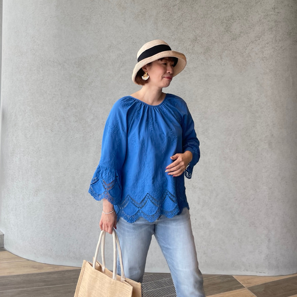 M~XXL【ロイヤルブルー】超ゆったり レース刺繍コットン2wayブラウス【フリー/ワイド】KMC-734 496828 10枚目の画像