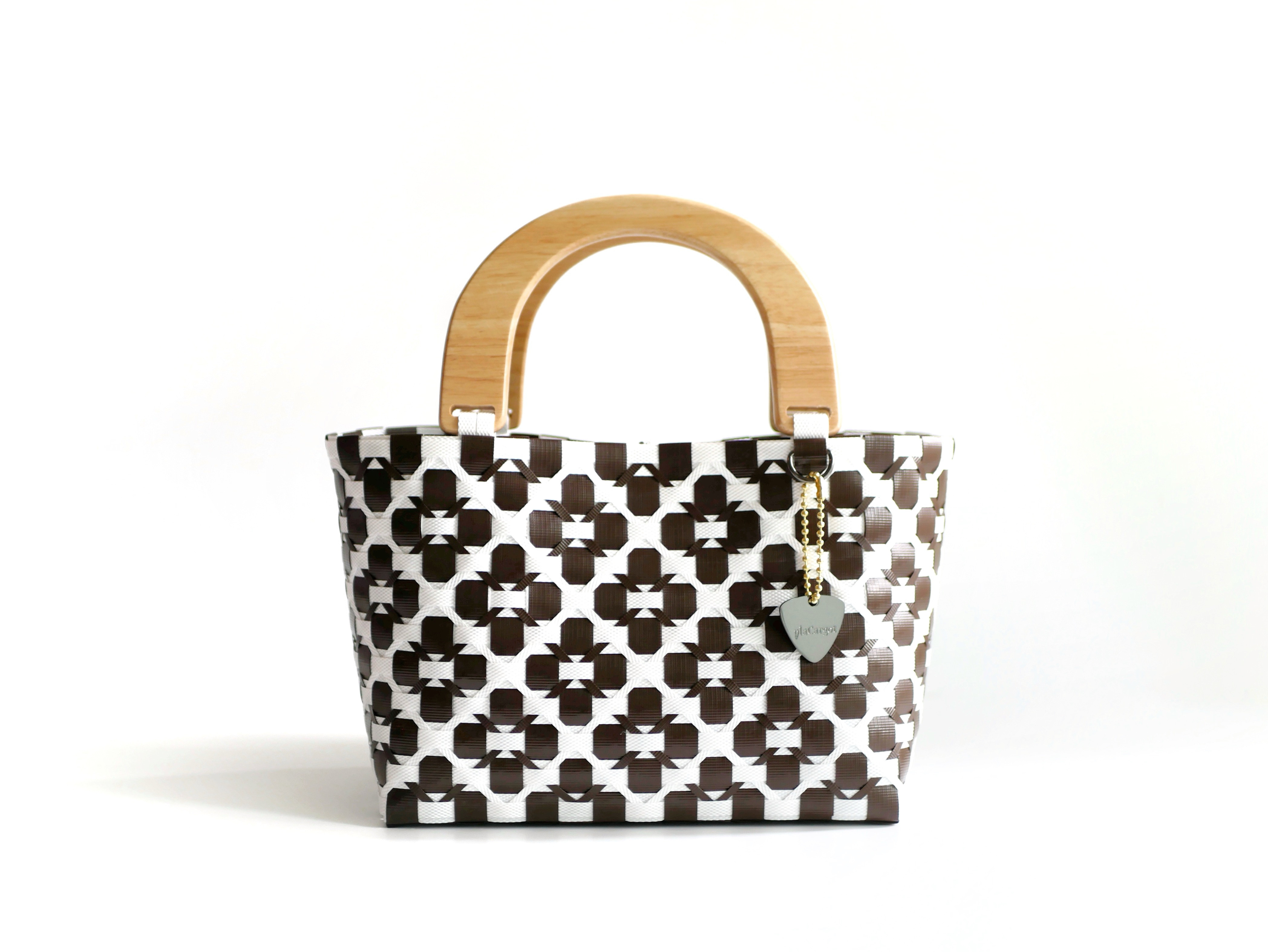 天然木ハンドルのプラカゴバッグ　S＋サイズ　花柄ダークブラウン×ホワイト　2WAY