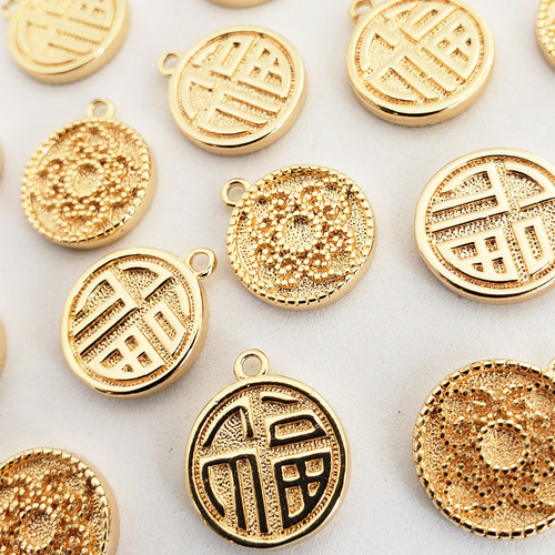 2個 真鍮 18KGP 本金メッキ 漢字 福 花 縁起物 チャーム パーツ
