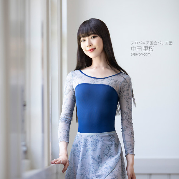 芭蕾舞緊身衣青少年成人 [沿灰色花卉圖案 x 海軍藍] 3/4 袖蕾絲緊身衣無裙子 日本製造 第5張的照片