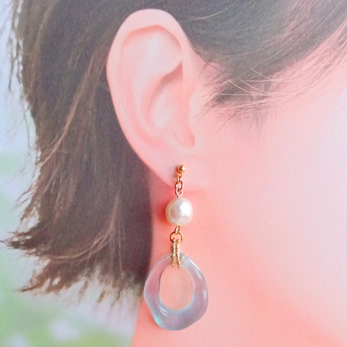 展示のみ】レジン 青 ブルー 春 夏 春夏 パール ピアス イヤリング 