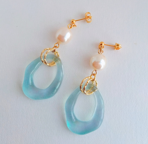 展示のみ】レジン 青 ブルー 春 夏 春夏 パール ピアス イヤリング 