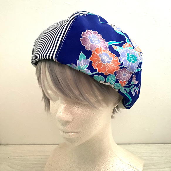 送料無料　着物リメイクベレー帽（花×デニム） 4枚目の画像