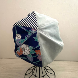 送料無料　着物リメイクベレー帽（花×デニム） 2枚目の画像
