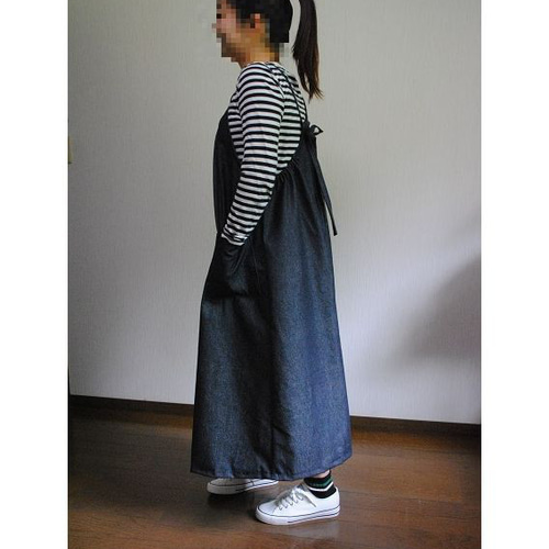 リネン エプロンワンピース チェック大きい柄 生成り×黒 柄の大きさ2.5