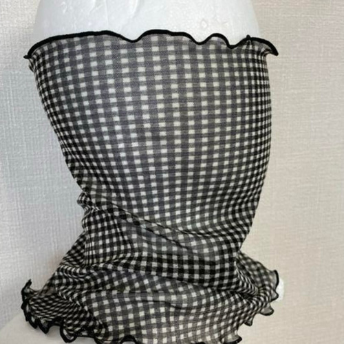 ブラック&ホワイトチェックレース花柄シングル手作りネックウォーマー 
