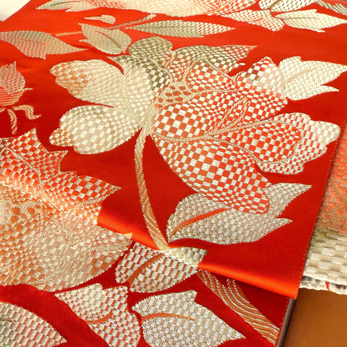 すぐに結べる「さくら造り帯」朱色の花の織柄のお太鼓 和装小物（帯