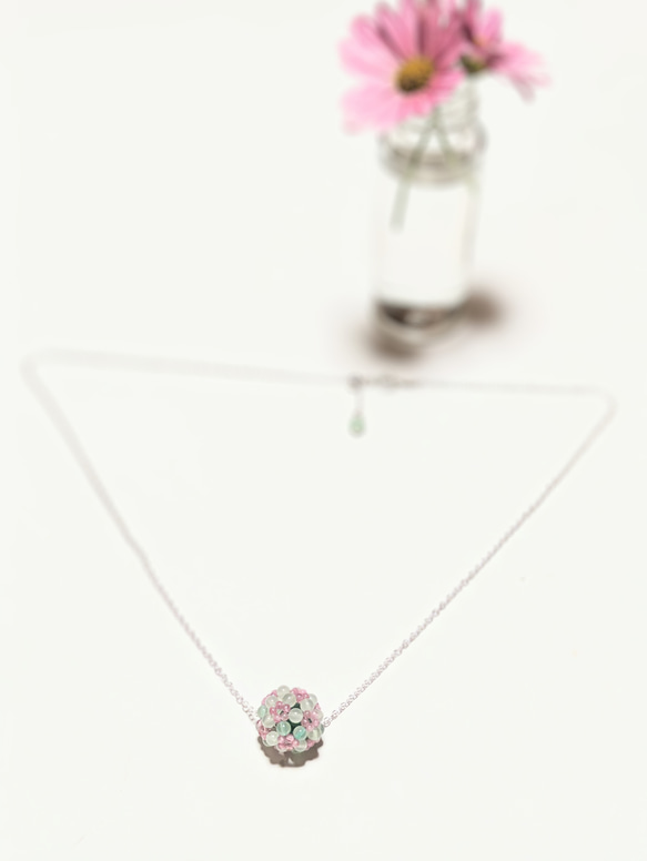 アベンチュリン（インド翡翠）とピンクトルマリンの花編みネックレス　sv925スライドチェーン 7枚目の画像