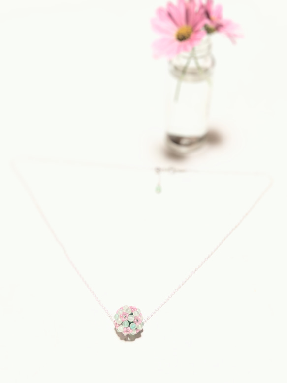 アベンチュリン（インド翡翠）とピンクトルマリンの花編みネックレス　sv925スライドチェーン 5枚目の画像