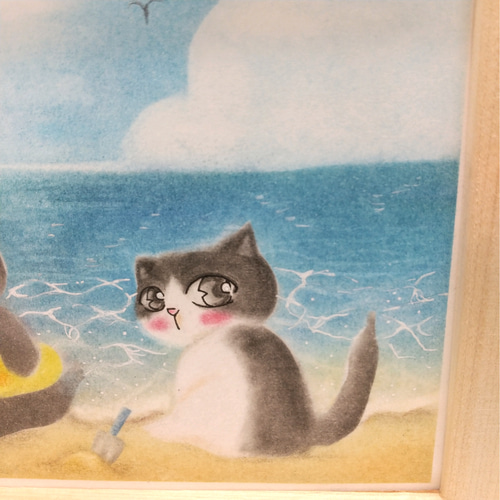 癒しの水彩画671 丸く 野原で遊ぶ猫