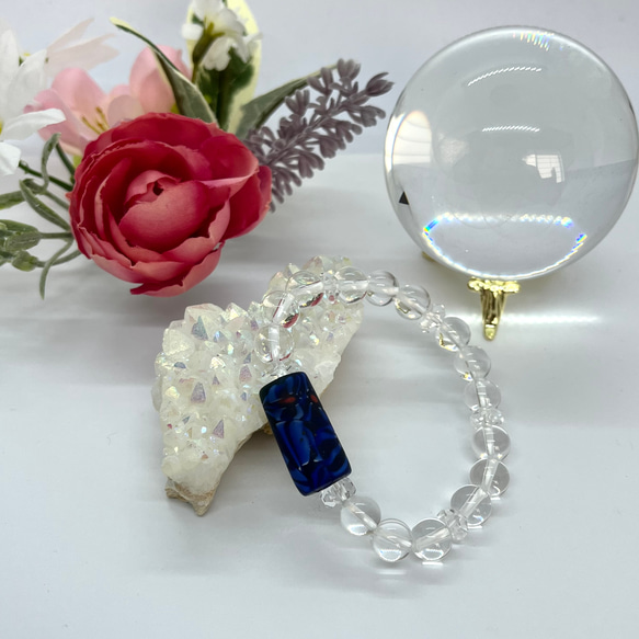 【珍】古法琉璃（青系）、水晶ブレスレット　B102 2枚目の画像