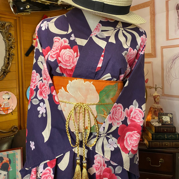 和洋折衷 浴衣 リメイク ワンピース ドレス 夏帯サッシュベルト レトロ 古着 和 W-309 2枚目の画像