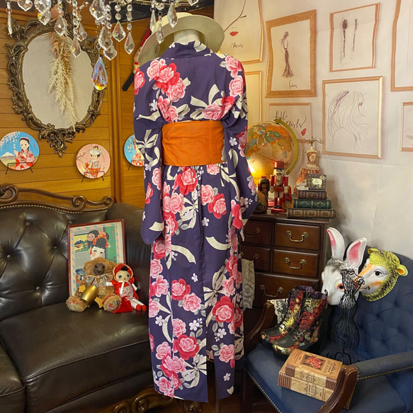 和洋折衷 浴衣 リメイク ワンピース ドレス 夏帯サッシュベルト レトロ 古着 和 W-309 5枚目の画像
