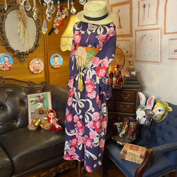 和洋折衷 浴衣 リメイク ワンピース ドレス 夏帯サッシュベルト レトロ 古着 和 W-309 4枚目の画像