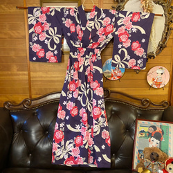 和洋折衷 浴衣 リメイク ワンピース ドレス 夏帯サッシュベルト レトロ 古着 和 W-309 6枚目の画像