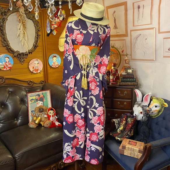 和洋折衷 浴衣 リメイク ワンピース ドレス 夏帯サッシュベルト レトロ 古着 和 W-309 3枚目の画像