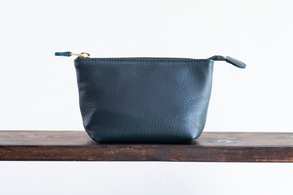 本革　化粧ポーチ　ブルーグリーン　シュリンクレザー　レディース　日本製　ミニポーチ　小物入れ　apo-01cs 1枚目の画像