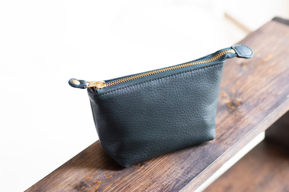 本革　化粧ポーチ　ブルーグリーン　シュリンクレザー　レディース　日本製　ミニポーチ　小物入れ　apo-01cs 2枚目の画像