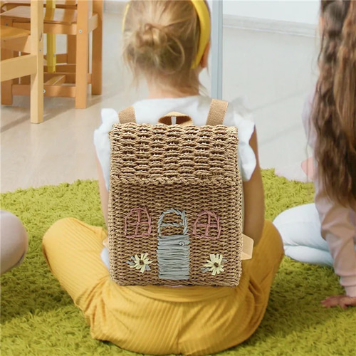 新作♡キッズリュック型刺繍ストローバッグ,夏バッグ、ハンドバッグ