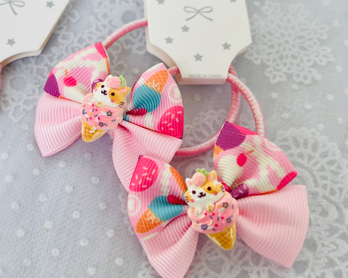 ねこちゃんアイスのダブルリボンヘアゴム キッズ 】子供 ヘア