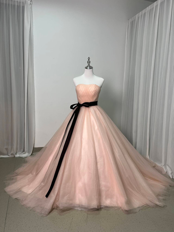 送料無料！ウェディングドレス ピンク ベアトップ サッシュベルト  