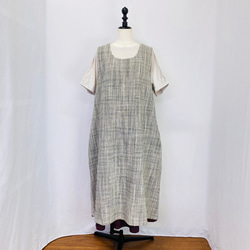 【遠州織物】ジャンパースカート うすで 逆スラブ ストライプ 白黒 オーガニックコットン ノースリーブワンピース 1枚目の画像