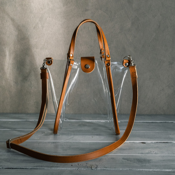 真皮和透明手拿包 2way 迷你包透明骨架 [透明/駝色] 第3張的照片