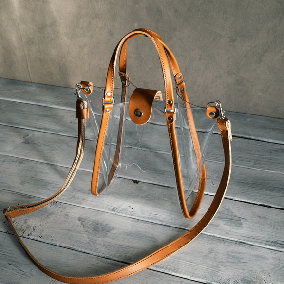 真皮和透明手拿包 2way 迷你包透明骨架 [透明/駝色] 第1張的照片