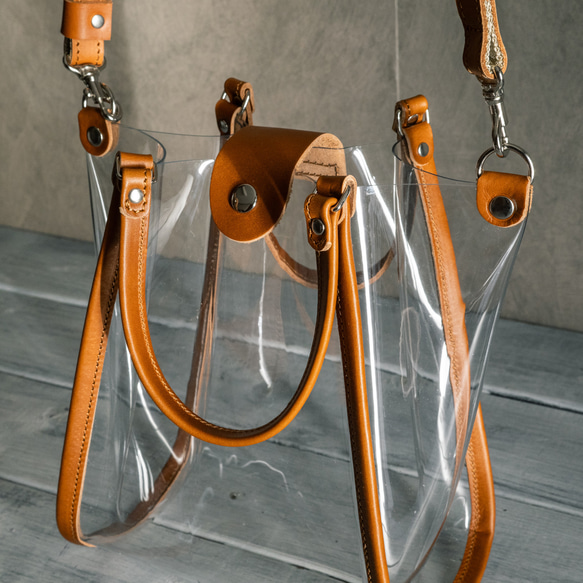 真皮和透明手拿包 2way 迷你包透明骨架 [透明/駝色] 第7張的照片